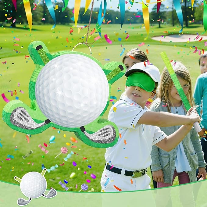 WERNNSAI Golf Piñata - Green Golf Ball & Club Shaped Piñata with Blindfold and Bat Sports Themed Birthday Party Decorations, Golf Party Supplies for Sports Celebration Favors(16.5" x 12.4" x 2.9")