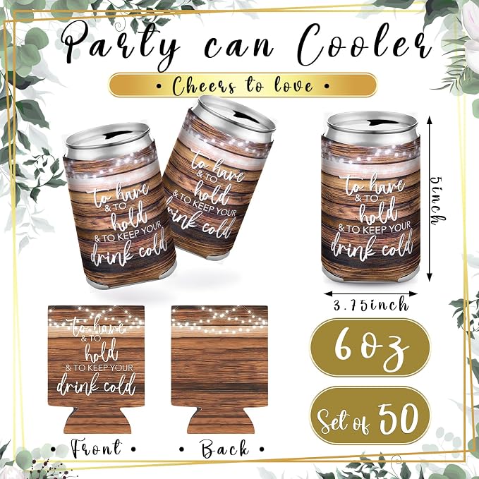 Hoteam 25 Sets Rustic Wedding Favors for Guests Bulk Including Brown Can Cooler and Paper Folding Fans with Wedding Decor Table Sign Cheers to Love for Bridal Shower Party Souvenir