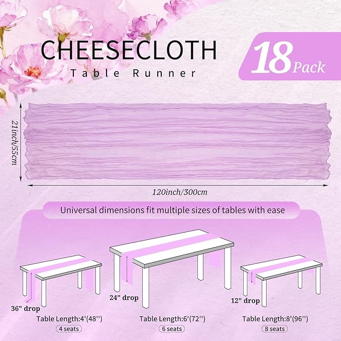 18 Pack Cheesecloth Table Runner 10FT Lilac Purple Table Runner Lavender Boho Gauze Cheese Cloth Table Runners Long Rustic Sheer Table Decorations for Wedding Party Baby Bridal Shower Birthday Holiday