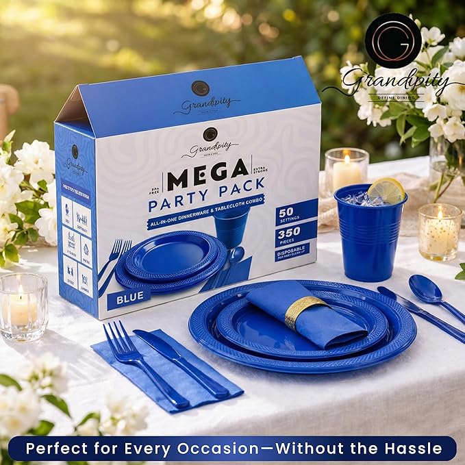 350 Piece BLUE Disposable Dinnerware Set 50 Guests, Plastic Party Plates And Cups And Napkins Sets - 50 Count 9" Dinner Plates, 7" Dessert Plates, 12oz Cups, Paper Napkins, Forks, Knives & Spoons