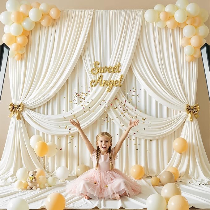 50ftx12ft Wrinkle Free Ivory Backdrop Curtain, 10 Panels 12FT Long Wedding Photo Backdrop Drapes, Silky Polyester Back Drop Cloth for Birthday Photography Background Party Backdrop Draping