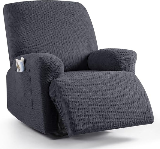 KinCam Recliner Covers, Stretch Reclining Chair Covers, Recliner Sofa Slipcovers Stripe Jacquard Recliner Couch Covers Furniture Protector Covers for Pet Kid (1 Seater, Deep Gray)