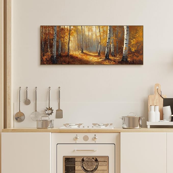 TLESKE Vintage Orange Fall Birch Tree Forest Large Wall Art Decor Framed 15x40, Rustic Farmhouse Autumn Canvas Wall Art Print for Bedroom Living Room, Fall Nature Wall Artwork Picture