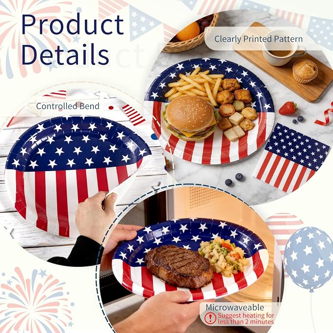 100 Pcs Patriotic Oval Paper Plates and Napkins, 12"×10" Large Disposable Red White Blue American Flag Themed Tableware Set Heavy Duty for Veterans Day Election Day 4th of July Independence Day Decor