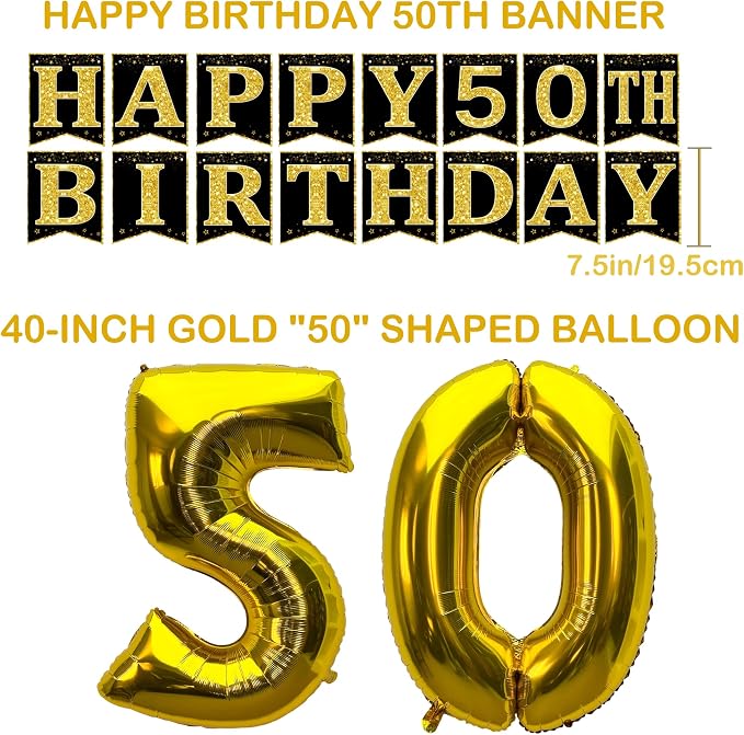 50th Birthday Decorations, Black and Gold Birthday Decorations Kit for Men and Women, Banner, Backdrop, Porch Sign, 6 Pcs Honeycomb Centerpieces, 6Pcs Hanging Swirls, Party Supplies (Black Gold 50th)