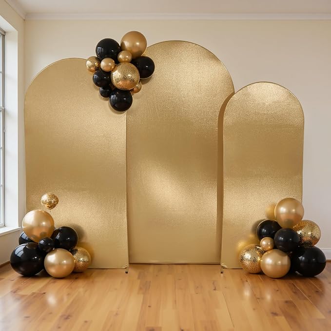 Gold Shimmer Arch Backdrop Cover 6.6ft/7.2ft/8ft 3Set with Zipper,Thick Soft Stretchy Sequin Glitter Spandex Fitted Chiara Cover for Wedding Birthday Baby Shower Graduation Party Photo Backdrop