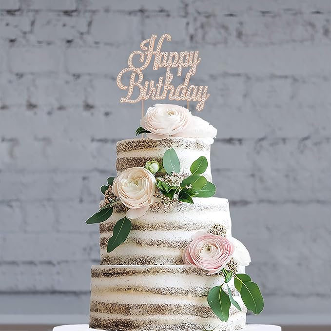 Happy Birthday Cake Topper - Premium Rose Gold Metal - Happy Birthday Party Sparkly Rhinestone Decoration Makes a Great Centerpiece - Now Protected in a Box