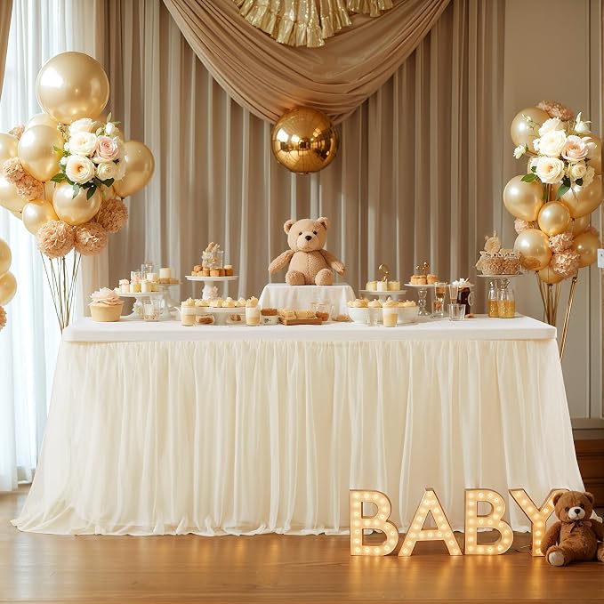 Champagne Tablecloth for 6 Foot Rectangle Tables with Tulle Table Skirt, Party Table Cloths Ruffle Tutu Table Skirt Stretch Fitted Table Covers for Baby Shower Wedding Bridal Shower Birthday Reception