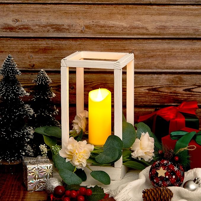 Sabary 5 Sets/ 10 Pcs Wooden Lantern Candle Holders with Candles for Wedding Decoration Vintage Table Centerpiece Farmhouse Rustic Candle Lantern for Indoor Fireplace Dining Party Decor (White)