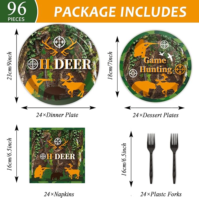 chiazllta 96 Pcs Hunting Camo Party Paper Plates and Napkins Supplies Deer Hunting Party disposable Plates Tableware Hunting decorations for Kids Party Favors 24 Guests