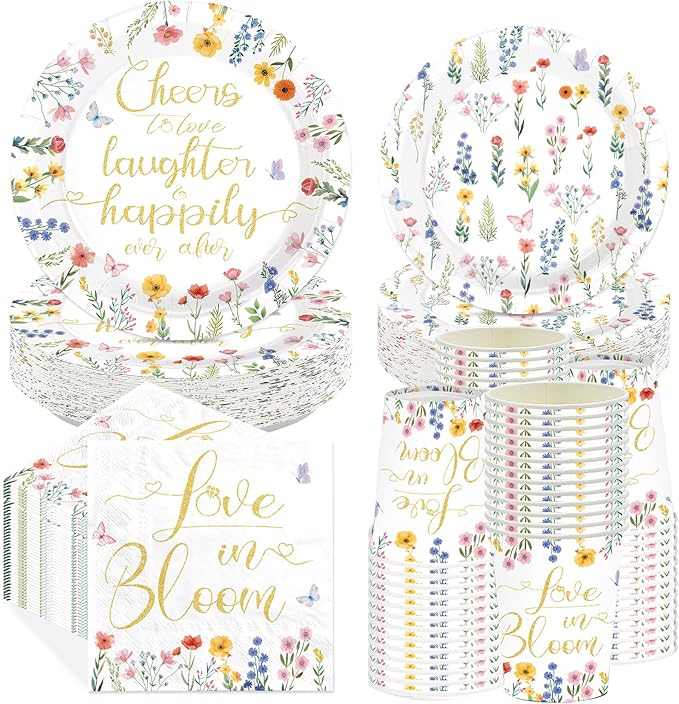 250Pcs Wildflower Bridal Shower Decorations Love in Bloom Plates and Napkins Cheer to Love Laughter Happily Ever Decoration for Engagement Wedding Shower Bachelorette Dinner Party Supplies Serve 50