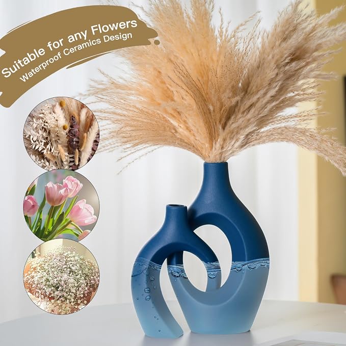Lvases Snuggle Hollow Ceramic Vase Set of 2, 11 Inch Navy Blue | Nordic Boho Decor Home Flower Vases, Perfect for Living Room Coffee Table, Bookshelf Mantle & Entryway Pampas Grass Display