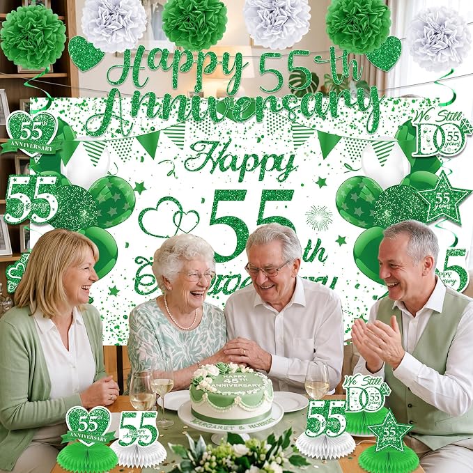 55th Wedding Anniversary Decorations Kit Green Happy 55th Anniversary Banner Backdrop Table Honeycomb Centerpiece Hanging Swirls Poms Decor for Men Women 55 Years Emerald Anniversaries Party Supplies