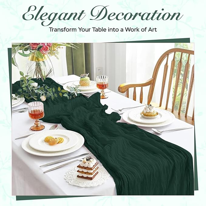 Cheesecloth Table Runner 3 Pack – 35x120 Inch (10ft) Boho Rustic Gauze Cloth Runners – Crinkle Polyester Table Decor for Wedding, Baby Shower, Bridal Shower, Birthday Party and More (Emerald Green)