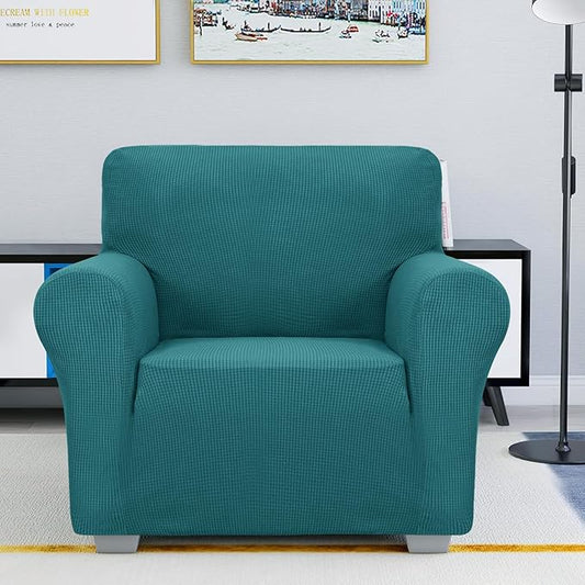 JIVINER Super Stretch Chair Slipcovers with Arms 1-Piece Jacquard Small Checks Living Room Armchair Covers Soft Anti Slip Sofa Couch Furniture Protector for Kids Pets (Chair, Blakish Green)