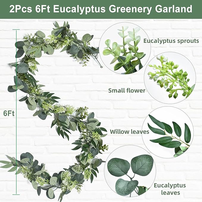 6Ft Eucalyptus Garland, Artificial lvy Greenery Vines with Flower Gypsophila Willow Leaves for Home Wedding Arch Party Table Runner Centerpiece Decor