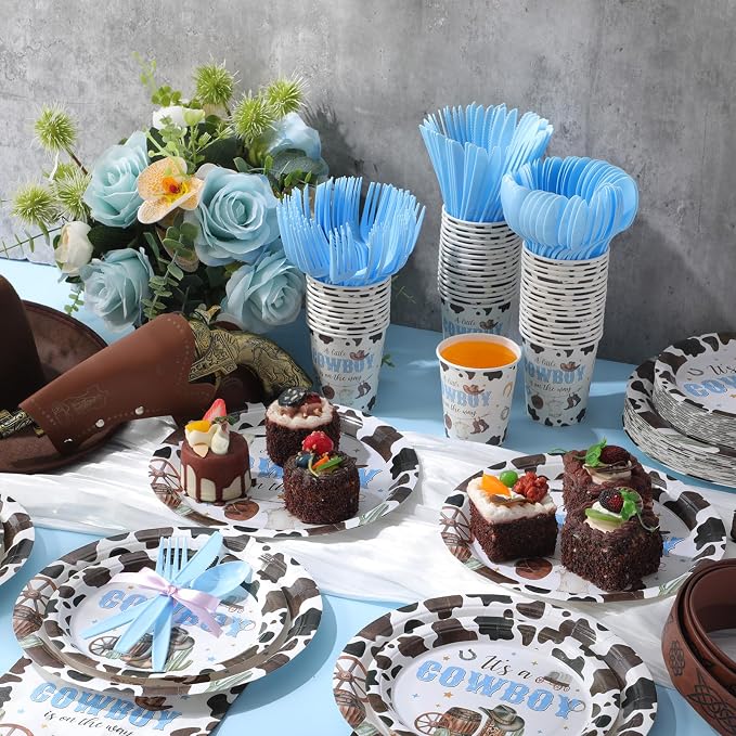 Ziliny 350 Pcs Western Cowboy Baby Shower Party Supplies a Cowboy Is on the Way Baby Shower Paper Plates Napkins Cups Disposable Western Party Tableware Plastic Cutlery Serves 50 Guest