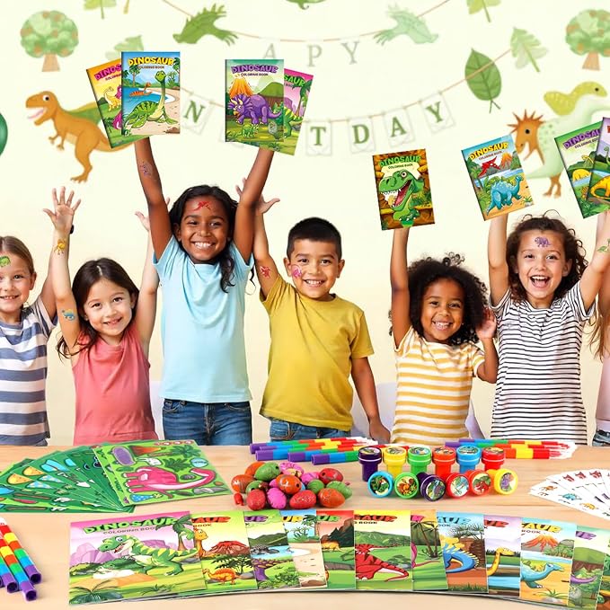 BenLouis 168Pcs Dinosaur Party Favors Dino Theme Coloring Books Crayons Sticker Set Bulk for Kids Jurassic Birthday Goodie Bag Stuffer Classroom Gifts Rewards Craft Pinata Fillers