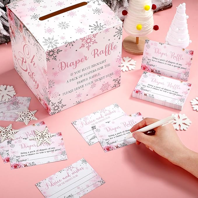 Teling 51 Pieces Diaper Raffle Tickets with Card Box Baby Shower Decorations Baby Shower Holder Box for Girl Boy Diaper Raffle Party(Pink Snowflake)