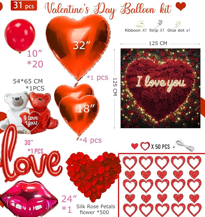 Red balloons with backdrop Hanging Hearts heart Little Bear I Love You balloons red rose petals for hotel Dec orations decorations Valentines Party Romantic Confession of love wedding anniversary