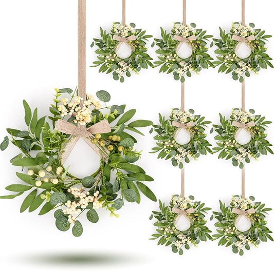 8 Pcs Green Eucalyptus Wreaths for Pillars Spring Summer Kitchen Cabinet Swag Wreaths Mini Green Berry Leaves Wreath with Ribbon for Front Door Porch Wall Window Farmhouse Decoration