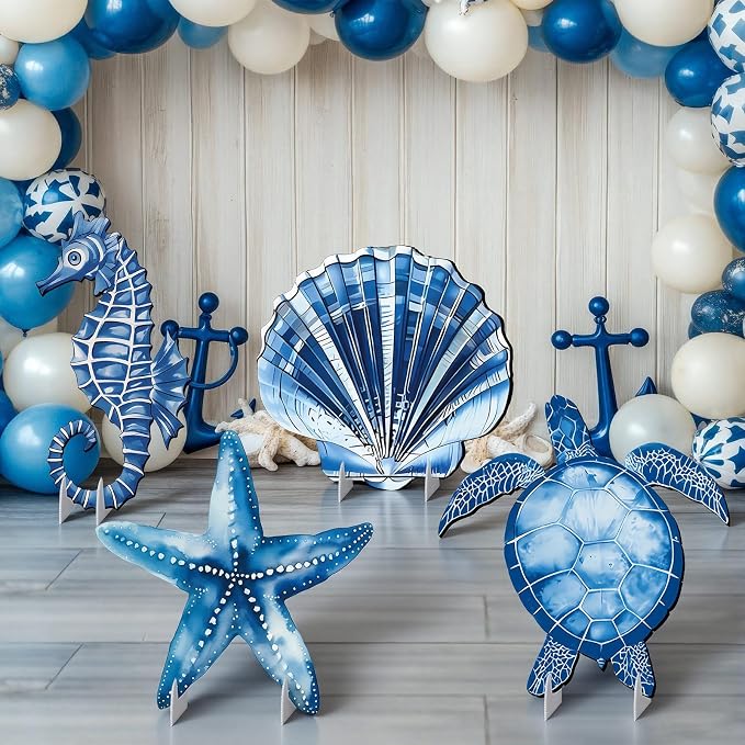 4 Pack Under The Sea Party Decorations Sea You Soon Decoration 20.47 Inch Large Birthday Party Cardboard Cutout Blue Turtle Seahorse Starfish Shell Stand-ups Ocean Theme Photo Booth Props