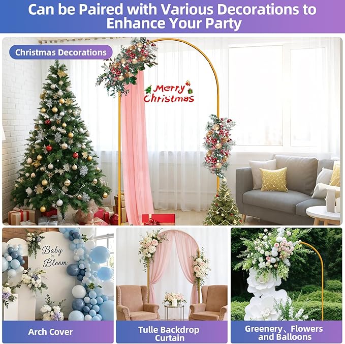 Hemmotop Arch Backdrop Stand Gold 7.2 FT | Metal, Stable with Ground Stakes, for Flowers, Balloons, Garden Decor, Ideal for Weddding, Baby Shower, Birthday Party Photo