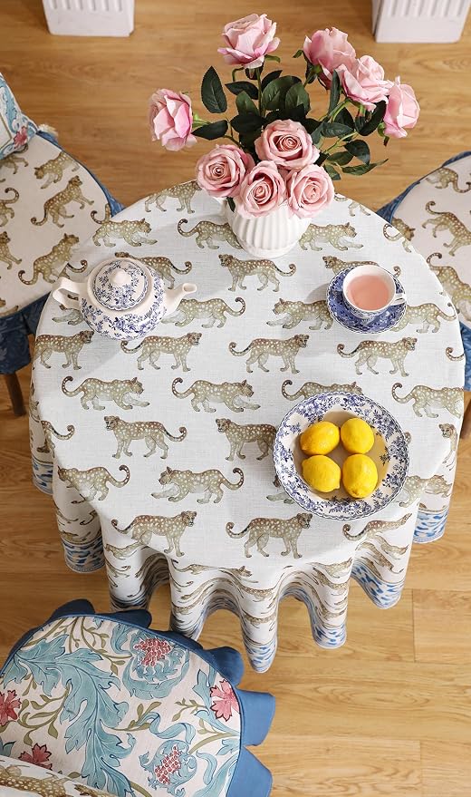 patdrea Vintage Leopard Print Linen Tablecloth,Round,Diameter 67"-from | Fench Elegant Table Cloth for Round Table,Animal Patterned,Dining Room Kitchen Tea Party Decoration,Durable