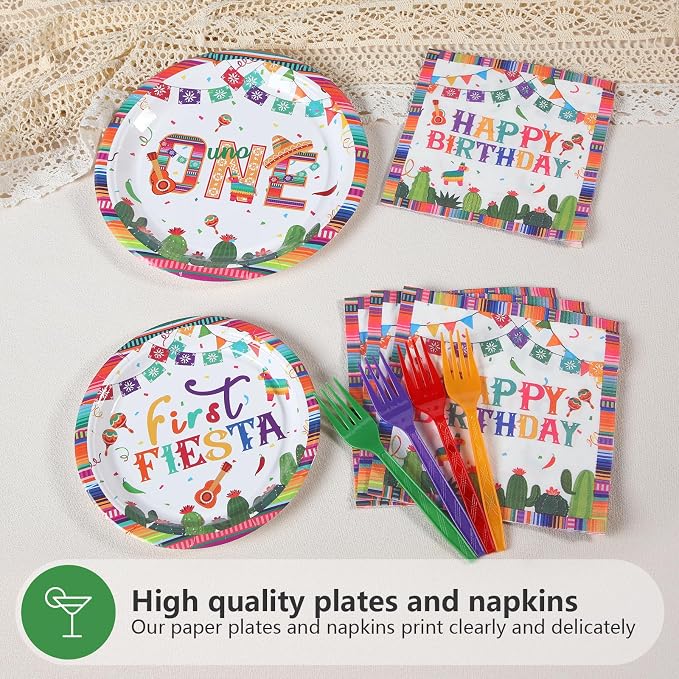 96Pcs First Fiesta Birthday Decorations Mexican Fiesta 1st Birthday Plates and Napkins Tableware Sets Mexico Cinco De Mayo Decorations for Boys Girls Cactus Taco Bout One Year Old Party Serves 24
