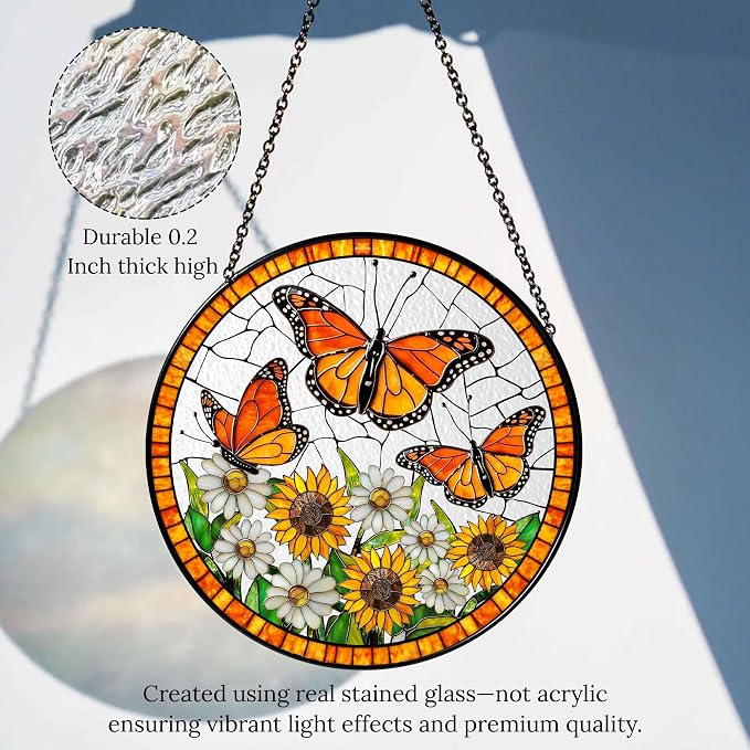Daisy and Butterfly Stained Glass Suncatcher for Window – Monarch Butterfly Sunflower Daisy Round Sun Catcher 6x6 Inch – Gift for Butterfly Lovers Women Home Decor Hanging Decoration