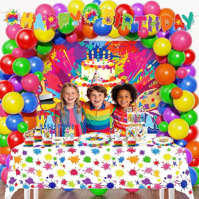 Paint Party Decorations, Art Party Decorations with Balloon Arch Kit, Banner, Backdrop, Tablecloth, Plates, Napkins, Forks, Cake Topper, Cupcake Toppers