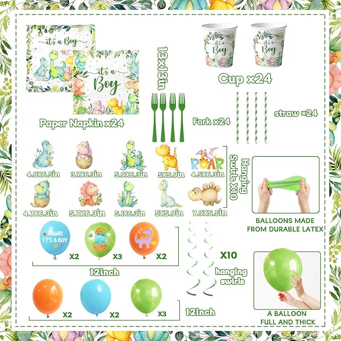 Dinosaur Baby Shower Decorations for Boy, It's a Boy Baby Shower Party Supplies Disposable Dino Plates Napkins Banner Tablecloth Cake Topper Balloon for Dinosaur Birthday Party Decorations, Serve 24