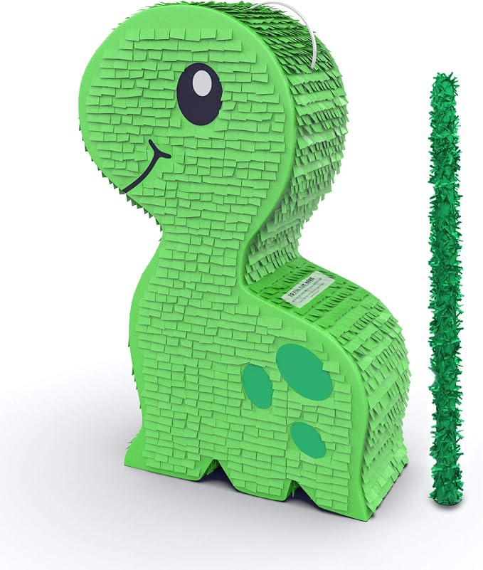 Jergrim Green Dinosaur Party Piñata with small stick – 16x11x3 inches, Perfect for Birthday Dinosaur Theme Parties, Party Decor, Roar T-rex and Jurassic kids theme decorations