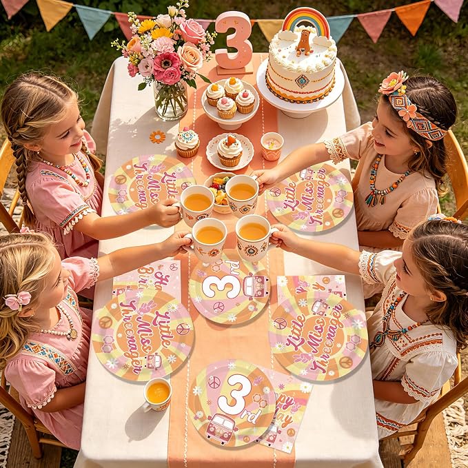 96Pcs Groovy 3rd Birthday Party Decorations Hippie Boho Plates and Napkins Disposable Little Miss Threenager Tableware Sets for Girls 3 Year Old Birthday Hippie Boho Party Supplies, Serve 24