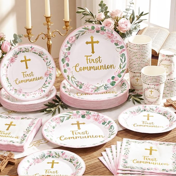 Pickmesh 250 Pcs Pink First Holy Communion Disposable Tableware Set God Bless Baptism Disposable Paper Plates Napkins and Cups for Girls Christening Celebration Baby Shower Religious Supplies Serve 50