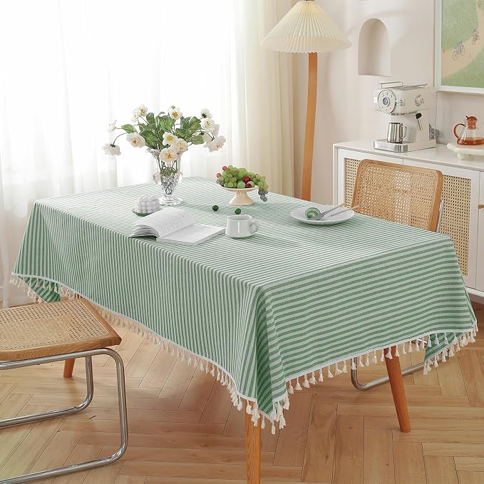 meioro Striped Tablecloth Rectangle Tablecloths Cotton Blend Table Cloth Washable Tabletop Decorative Fabric Table Cover for Kitchen Dinning (Green, 55 x 55 Inch)