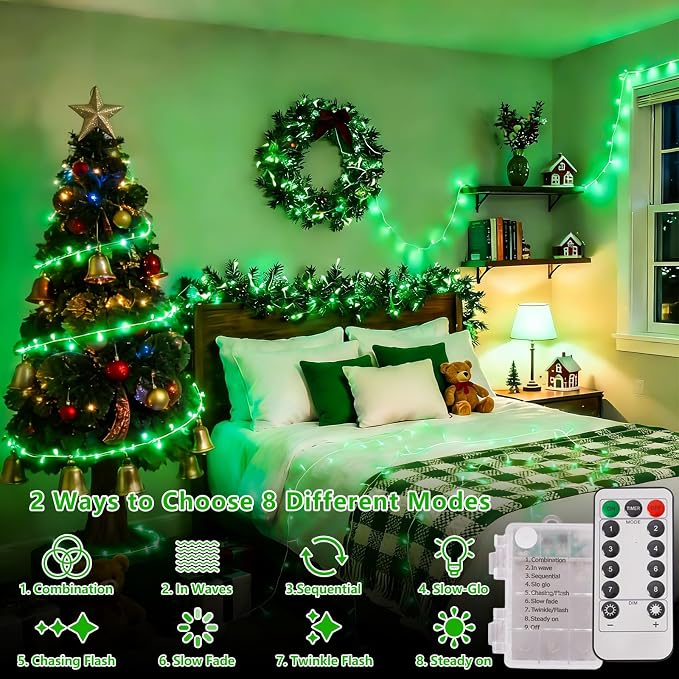 YEGUO Battery Operated String Lights, 2 Pack Each 33ft 100 LED Twinkle Fairy Lights Outdoor Waterproof, 8 Modes Clear Wire Green Christmas Lights Indoor with Remote
