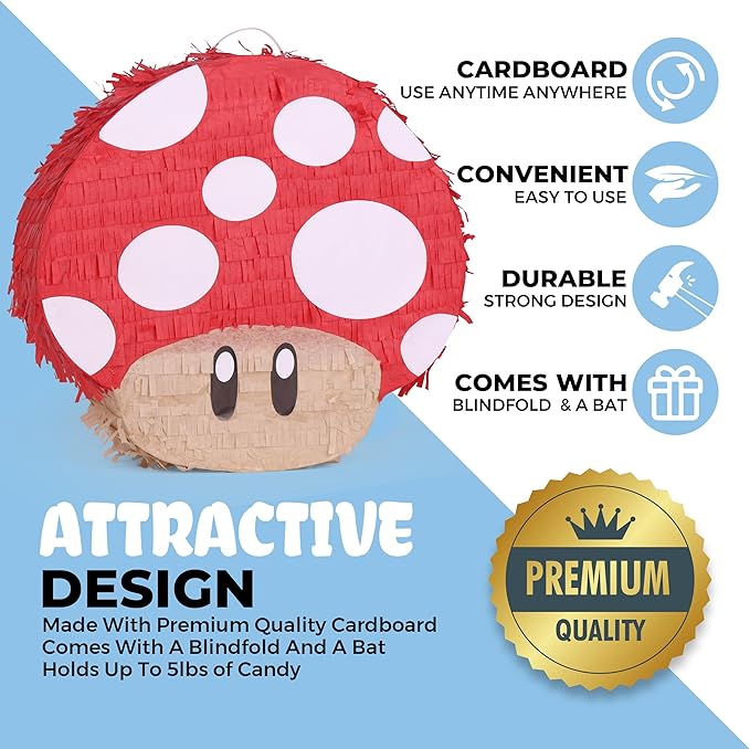 Mushroom Pinatas Bundle with a Blindfold and a Bat(16.5 x 12 x 3.5 Inches), Perfect for kid's Birthday Parties, Mexican Theme Parties, Decorations