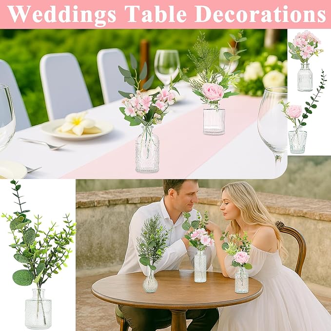 WARMALL Artificial Flowers with Vases, 16 Pcs Bud Vases, & 81 Pcs Artificial Plants DIY Set Suitable for Centerpieces Table Weddings Party Office and Indoor Decor Mini Small Glass Clear(White)