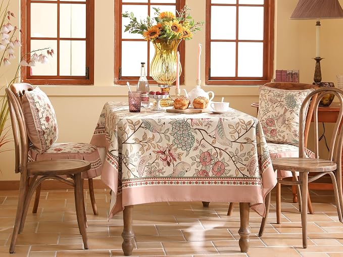patdrea Vintage French Linen Tablecloth,Rectangular,102"x63"-Kulom A | Elegant Large Table Cloth for Rectangle Table,Leaves and Bird Patterned,Dining Room Tea Party Thanksgiving Decor,Pink