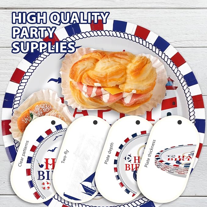 96 Pcs Nautical Birthday Party Decorations Sailing Party Decoration Plates and Napkins Red White and Blue Tableware Set for Boy Happy Birthday Baby Shower Nautical Theme Celebrations Serves 24