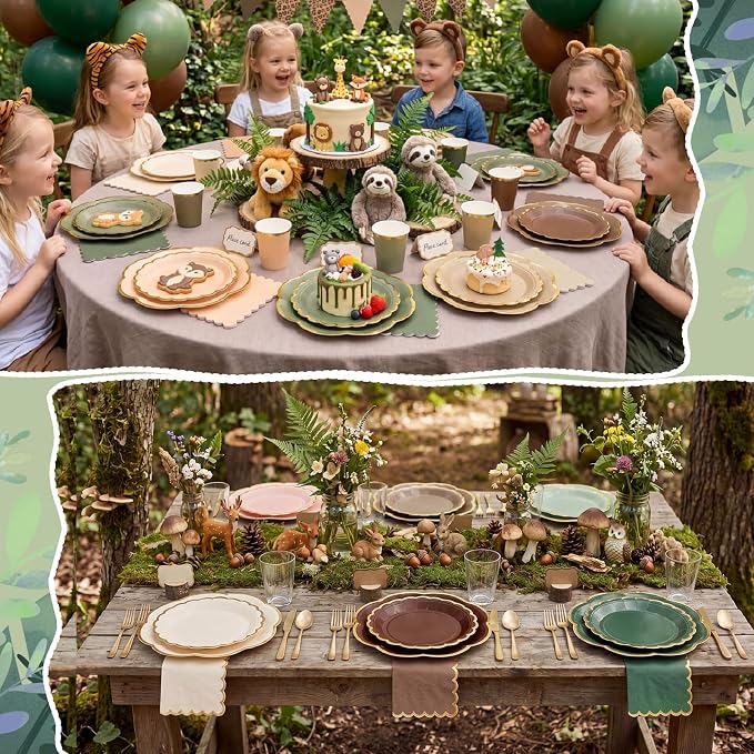 144 Pcs 48 Guests Woodland Baby Shower Tableware Set Green Brown Paper Plates and Napkins Woodland Party Supplies Disposable Tableware Scalloped Plates for Safari Jungle Birthday Wedding