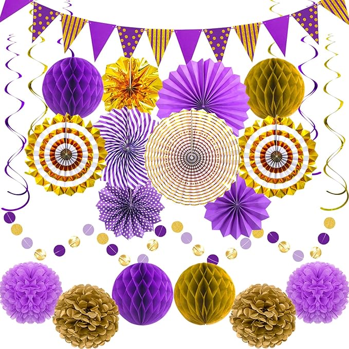 Purple Gold Party Decorations, Graduation Season Hanging Glitter Triangle Flags Banner Paper Fan Tissue Pom Poms Garlands, Women Girl Party, Bridal Shower, Purple Themed Birthday