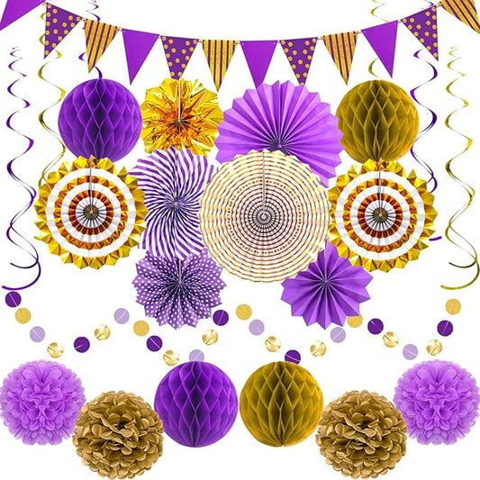 Purple Gold Party Decorations, Graduation Season Hanging Glitter Triangle Flags Banner Paper Fan Tissue Pom Poms Garlands, Women Girl Party, Bridal Shower, Purple Themed Birthday