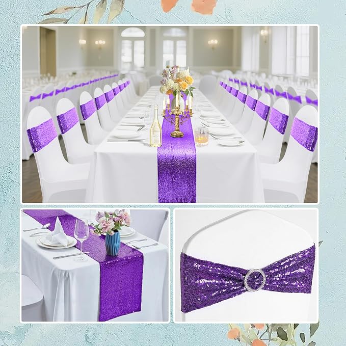 54 Pieces of Purple Sequin Chair Ribbons and Table Runners, 48 Sequin Chair Bows, 6 Glitter Table Runners, Suitable for Wedding Parties Birthday Meeting Events Decorations (Purple)