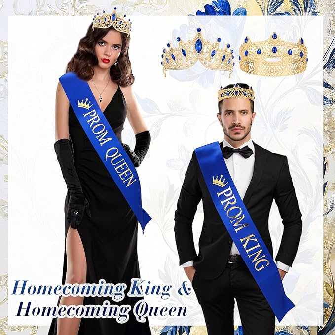 Ferreve 4 Pcs Prom King and Queen Crowns and Sashes Set Graduation Prom King and Queen Tiara Sash for 80's Prom Party Favors(Blue)