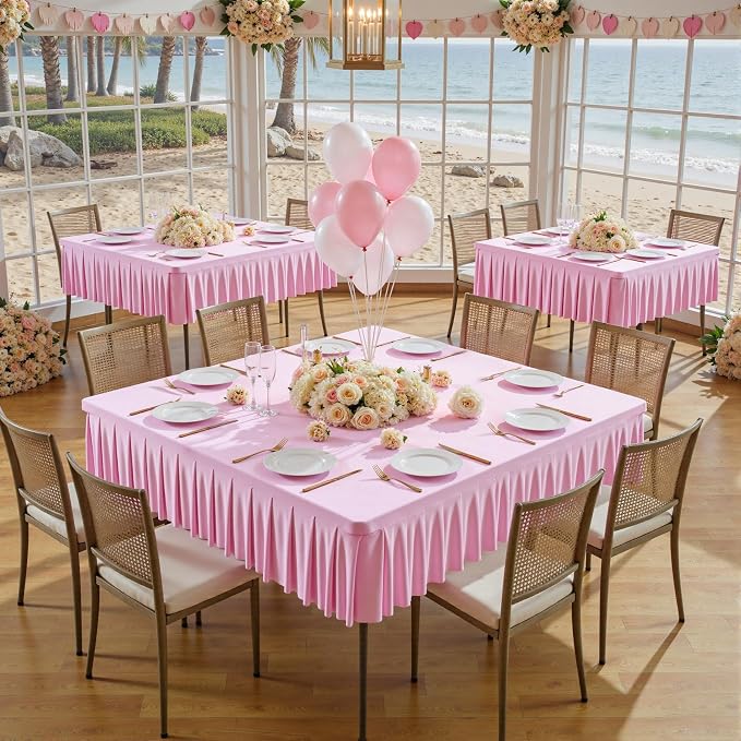 Wish Care Pink Spandex Tablecloths for 54x54 Inch Square Tables, Stretch Fitted Table Clothes with Pleated Ruffle Skirt for 54” Table, Wrinkle Free and Elastic, for Party Kitchen Home Dining