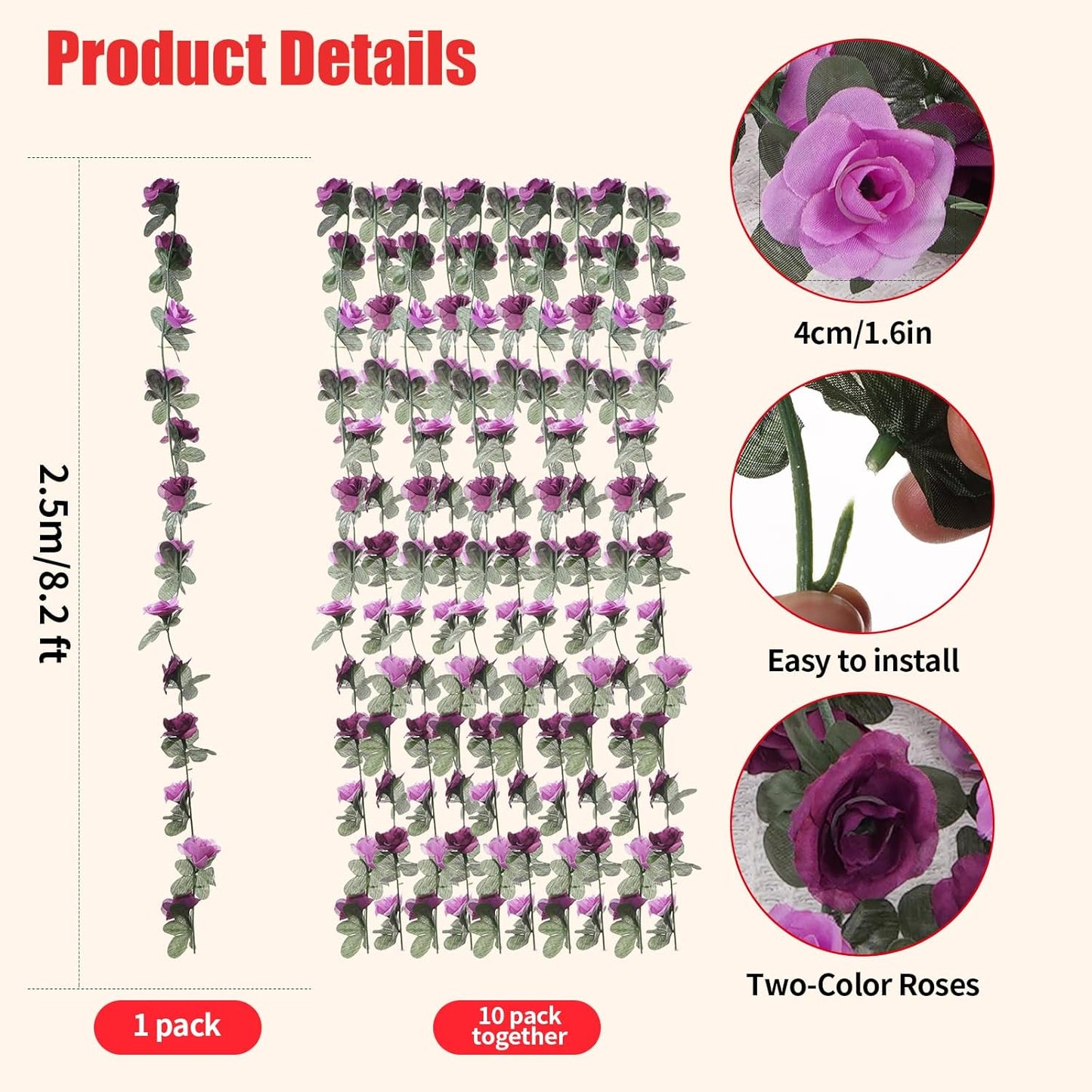 10 Pcs 82FT Flower Garland, Artificial Rose Garland Flowers Plants Fake Flower Hanging Rose Ivy, Birthday Party Valentine's Day Wedding Wall Arch Decor（Purple）