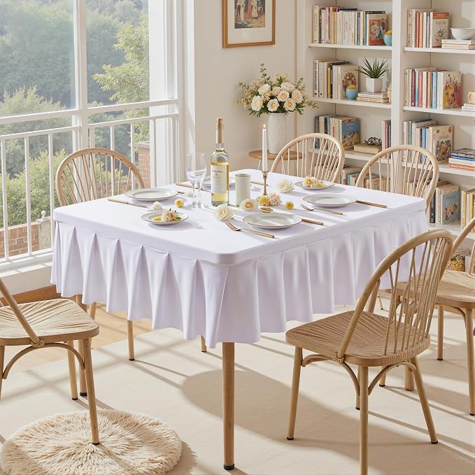 Shillance 34x34 Inch White Spandex Square Tablecloth 4 Pack,Wrinkle Free White Fitted Table Cloth for Square Tables,Washable Pleated Table Cover for Wedding Birthday Cocktail Party Buffet Dinner