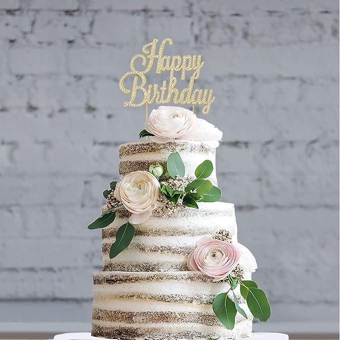 Happy Birthday Cake Topper - Premium Gold Metal - Happy Birthday Party Sparkly Rhinestone Decoration Makes a Great Centerpiece - Now Protected in a Box